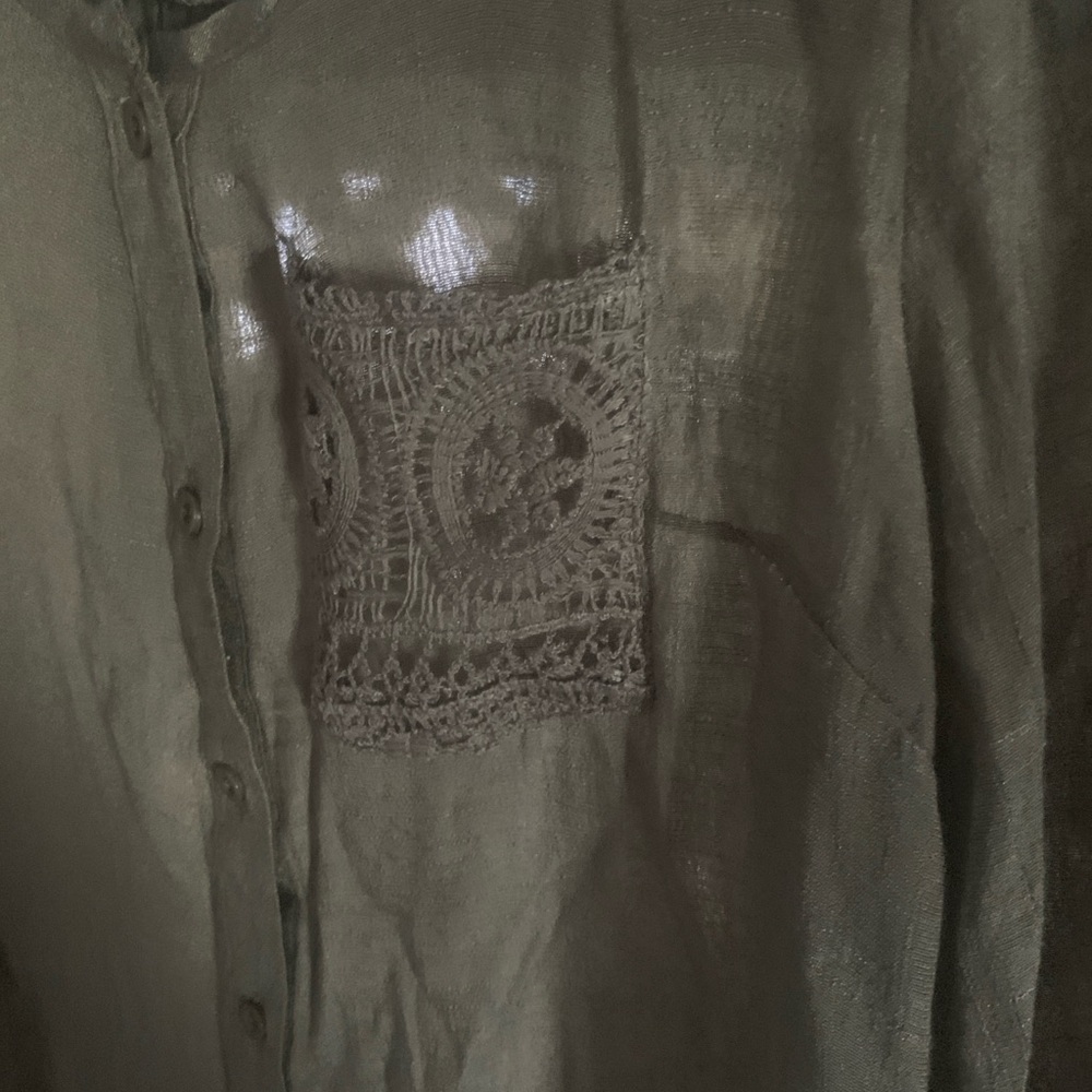 Forgotten Grace Olive Green Sheer Blouse With Crochet Detail - Picture 3 of 6